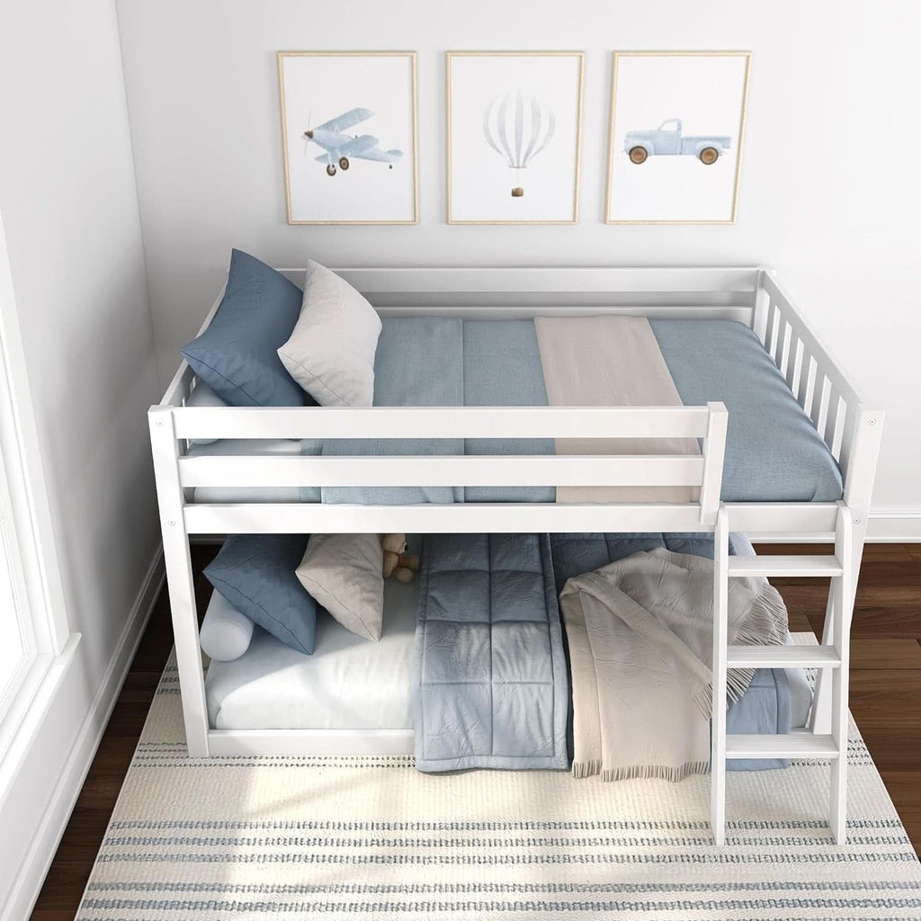 White Twin Low Bunk Bed Solid Wood Frame For Kids Safe