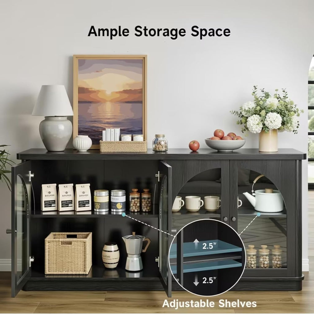 63Inch Black Sideboard Buffet Cabinet Glass Doors Modern