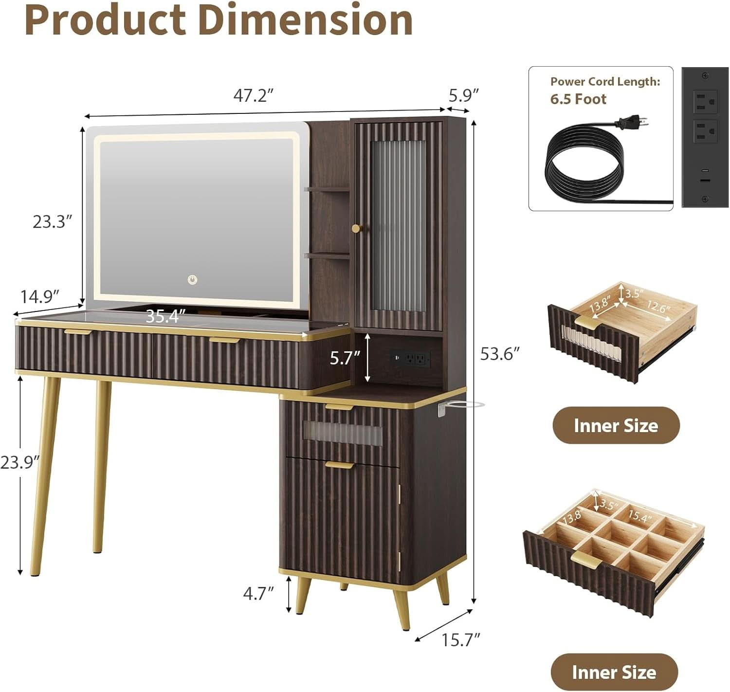 48 Inch Vanity Desk With Mirror Led Lights And Charging Station
