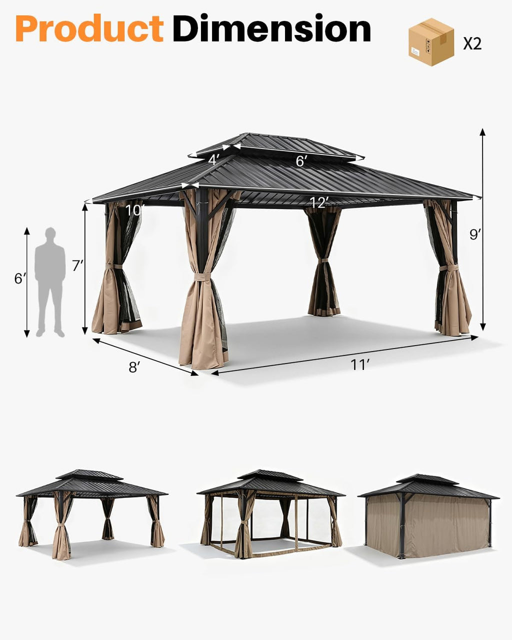 10x12 Hardtop Aluminum Gazebo With Netting Sandstone