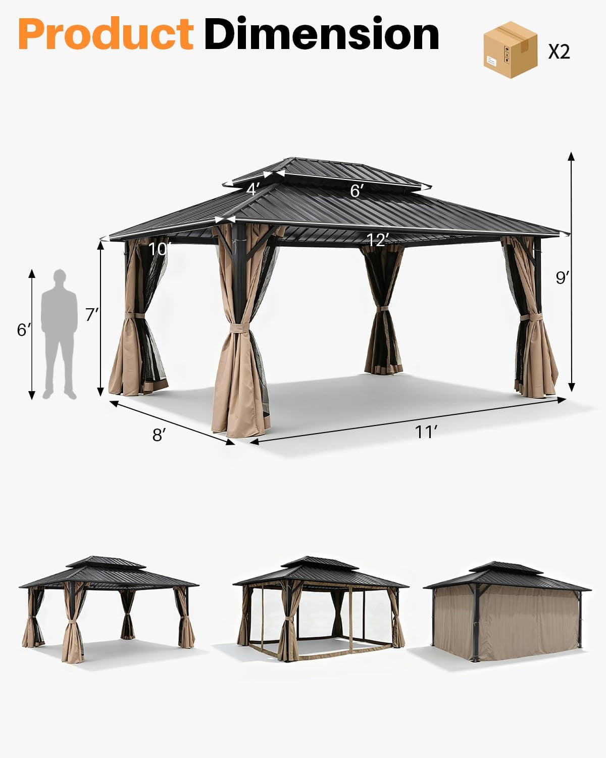 10x12 Hardtop Aluminum Gazebo With Netting Sandstone