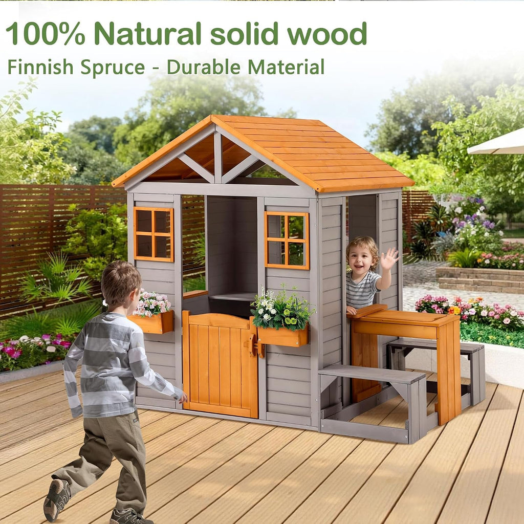 Brown Weatherproof Wooden Playhouse With Sand Table