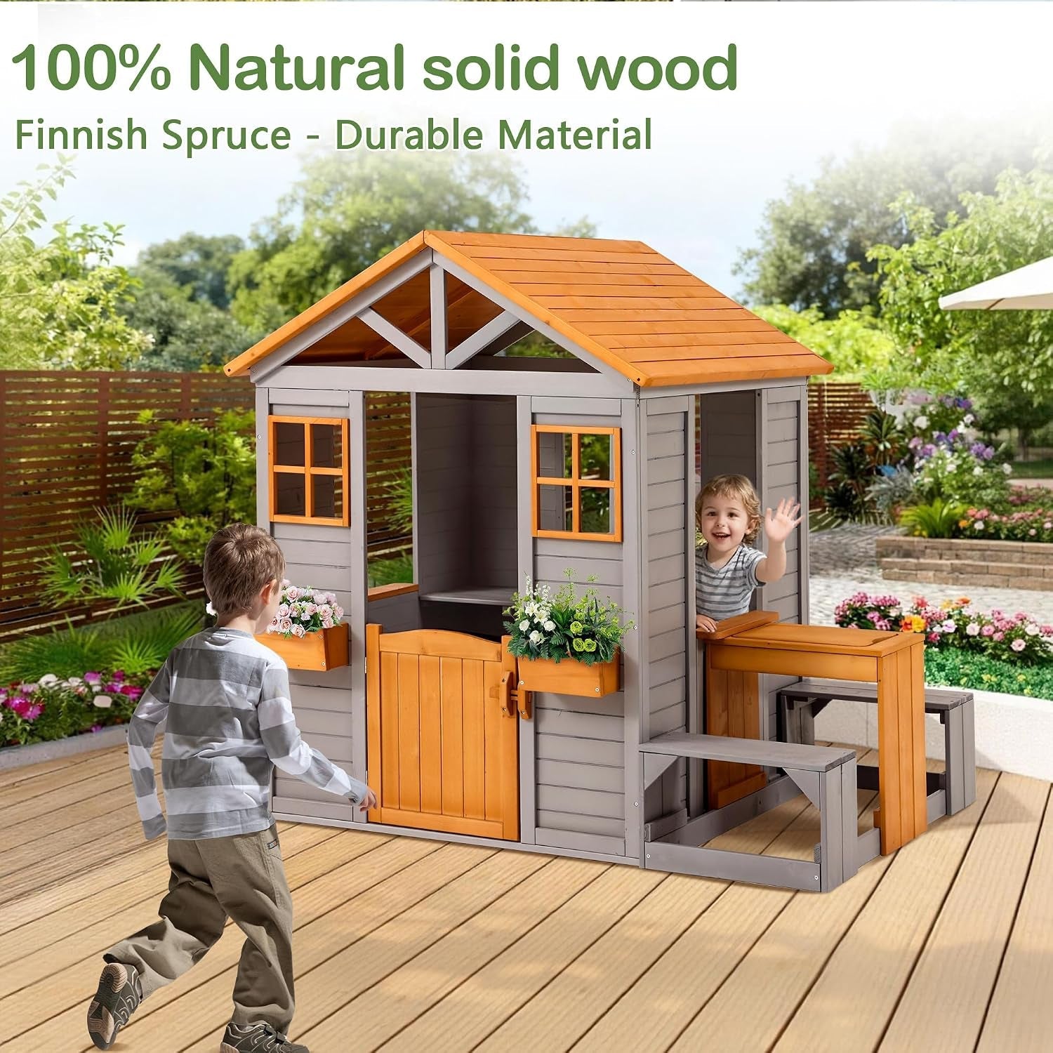 Brown Weatherproof Wooden Playhouse With Sand Table