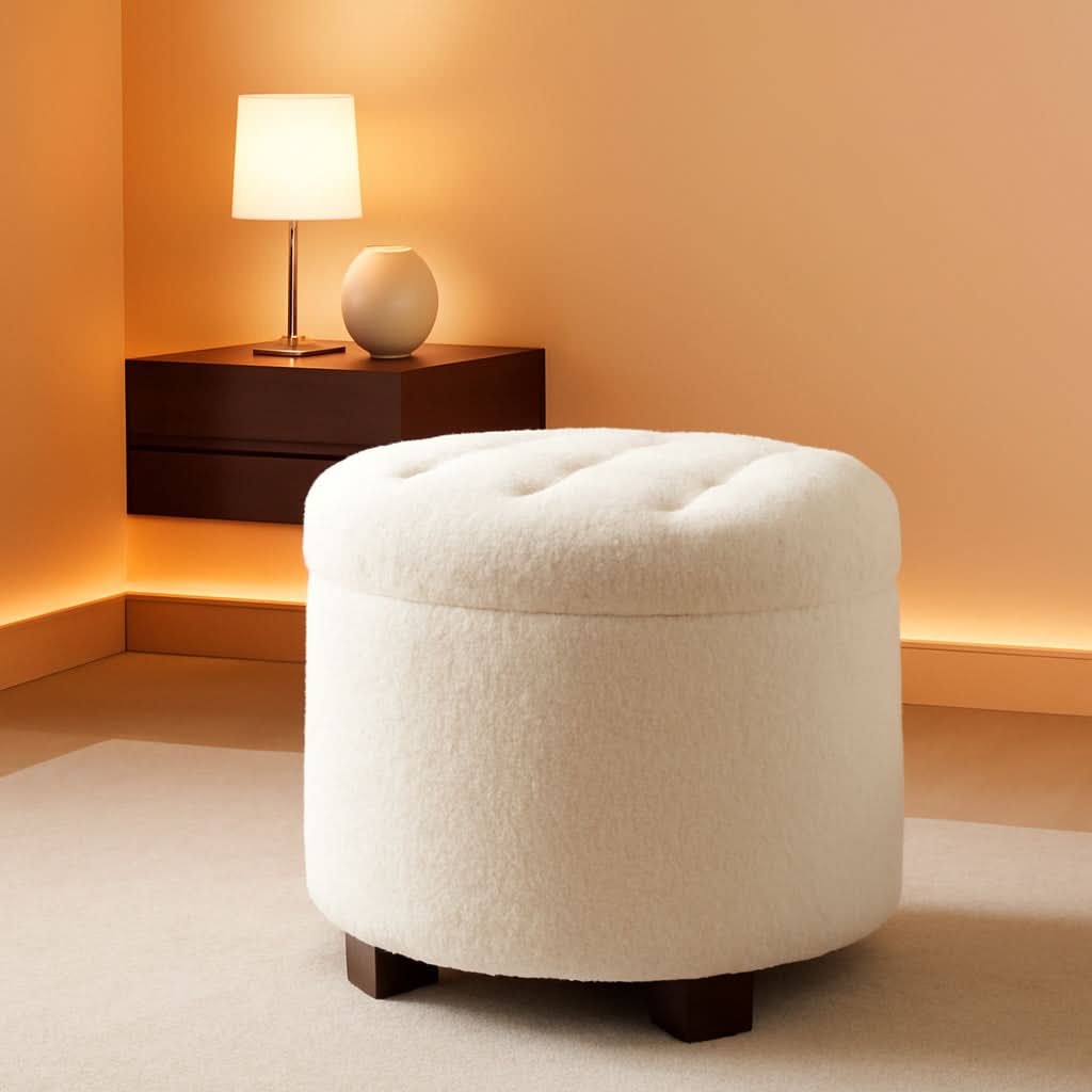 Round Storage Ottoman Boucle White Fabric Upholstery