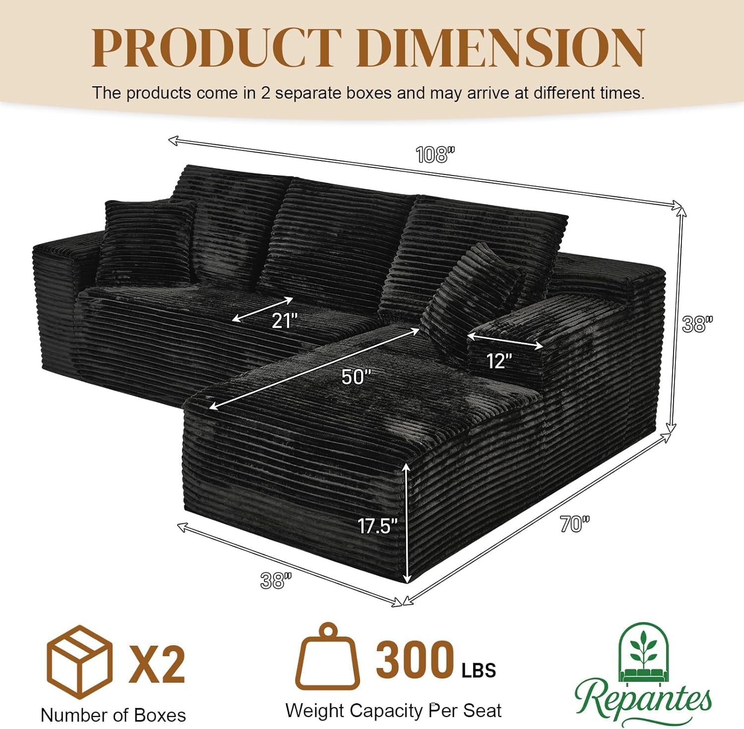 108 Inch Corduroy Left Facing Sectional Sofa Charcoal