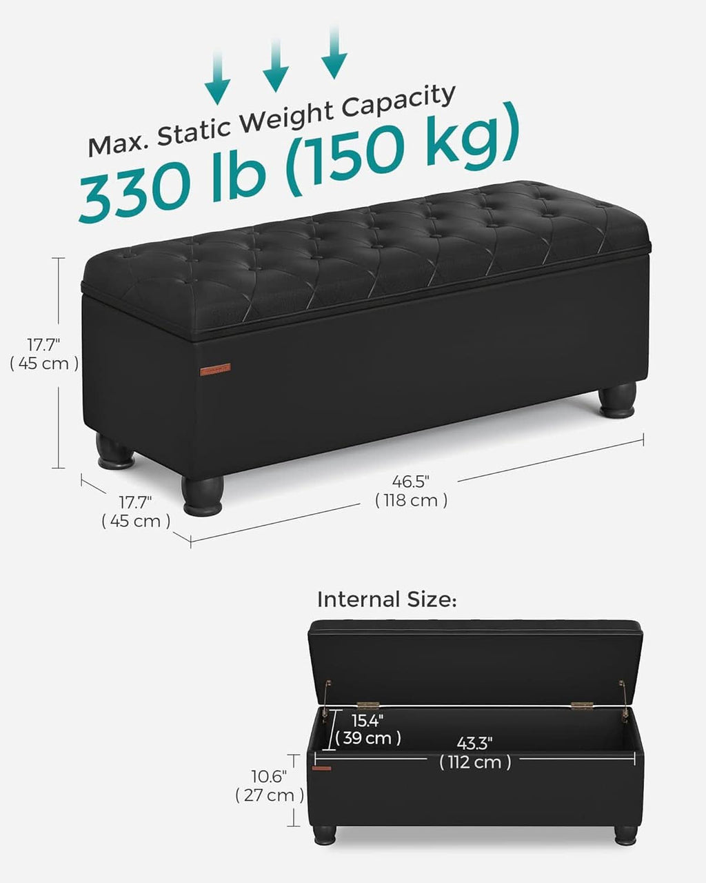 Executive Black Leather Storage Ottoman Bench 46 Inches