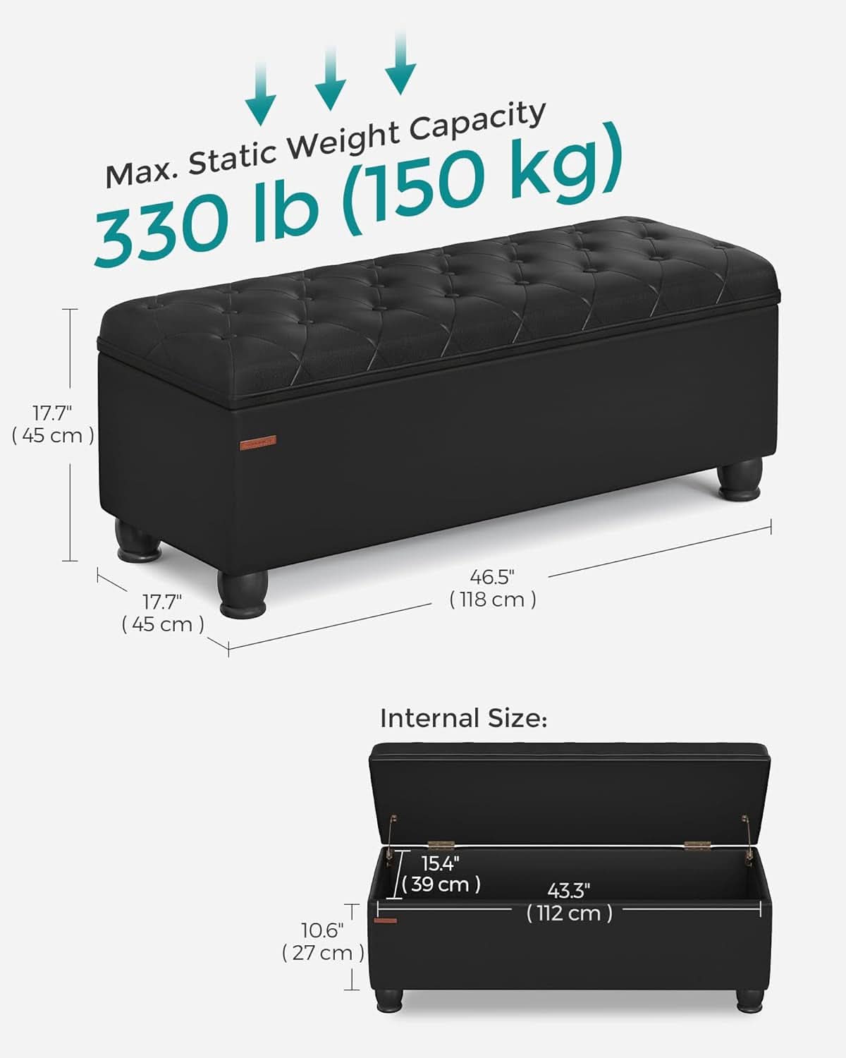 Executive Black Leather Storage Ottoman Bench 46 Inches