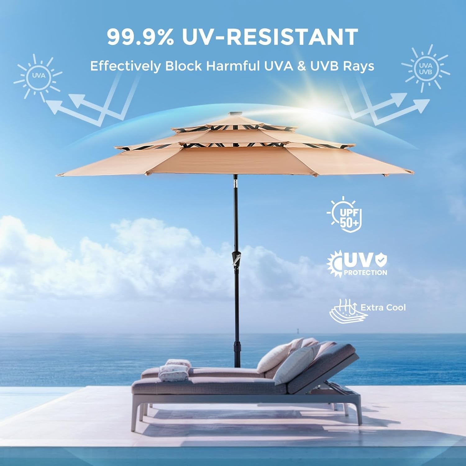 9ft Solar Patio Umbrella Weatherproof LED Lighting