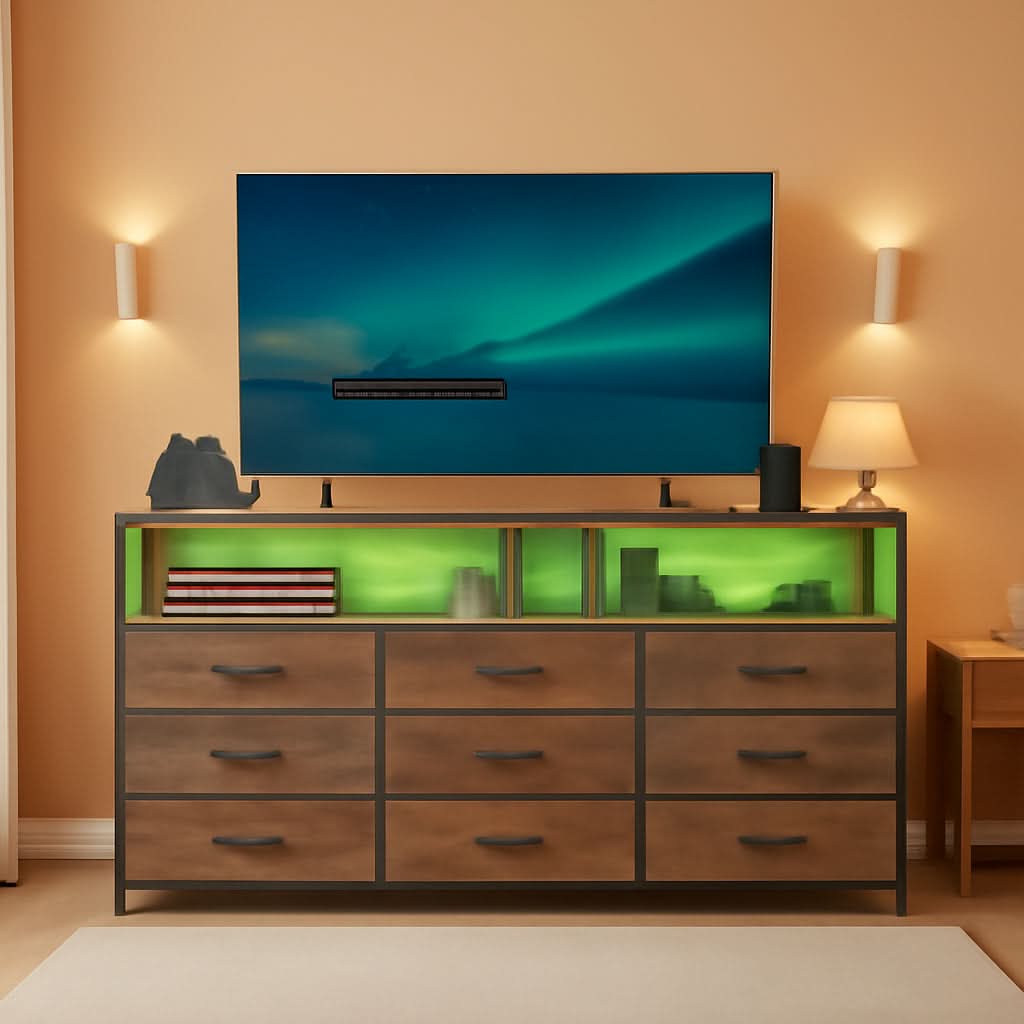 55 Inch Rustic Brown 9-Drawer Entertainment Dresser