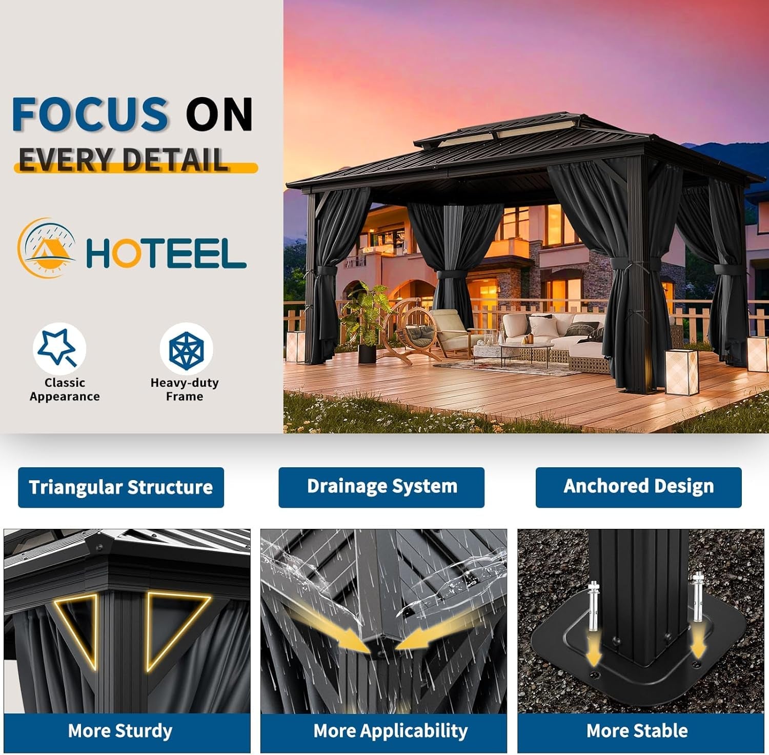 10x15 Black Hardtop Gazebo Equipped Curtains Netting