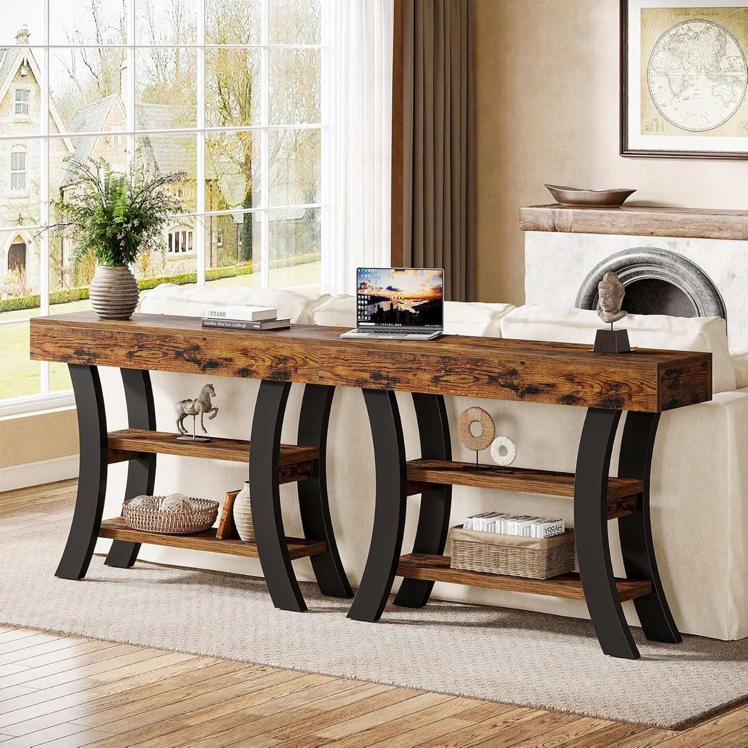 41 Inch Rustic Brown Console Table Curved Frame Shelves