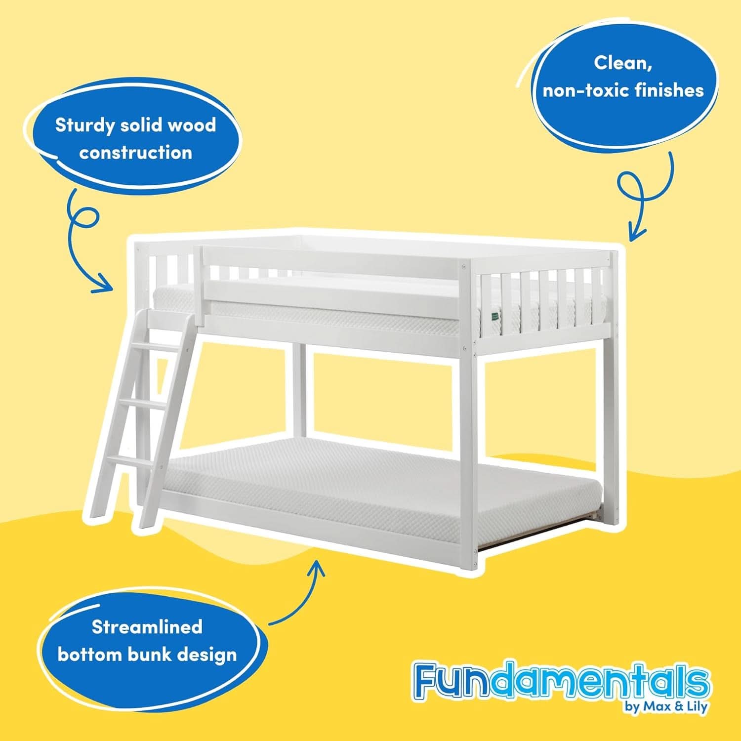 White Twin Low Bunk Bed Solid Wood Frame For Kids Safe