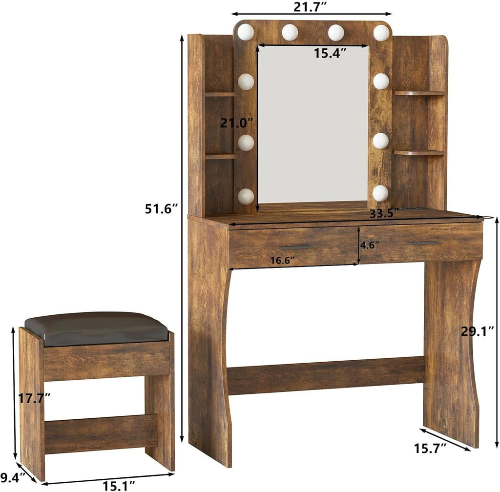 Contemporary Rustic Brown Vanity Desk With Lighting