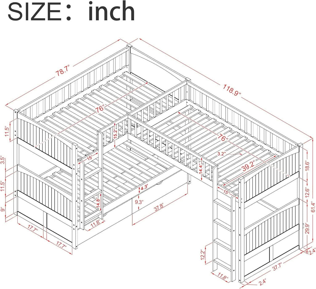 Triple Bunk Bed for Kids L Shaped Solid Wood Gray Twin Size