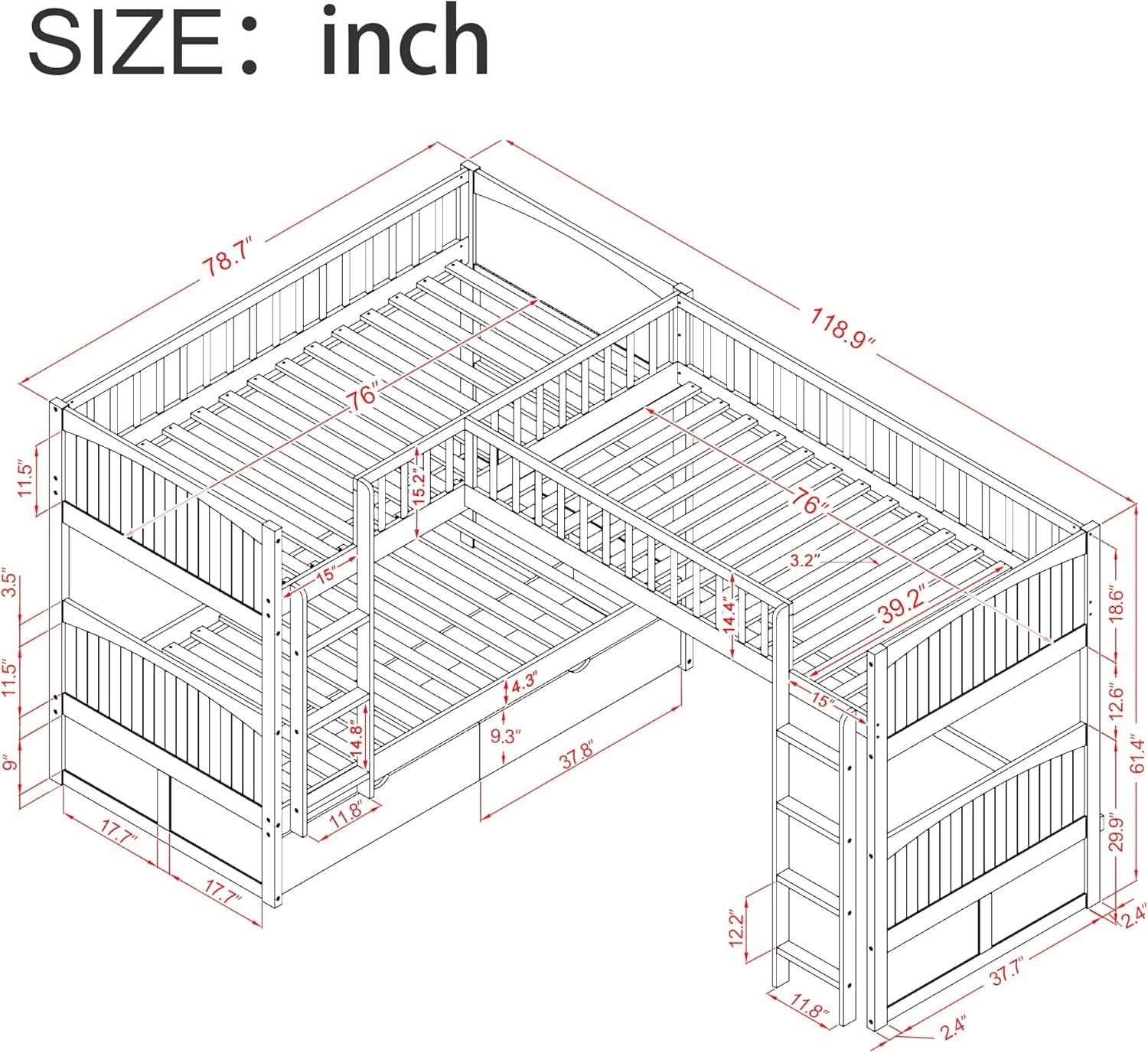 Triple Bunk Bed for Kids L Shaped Solid Wood Gray Twin Size