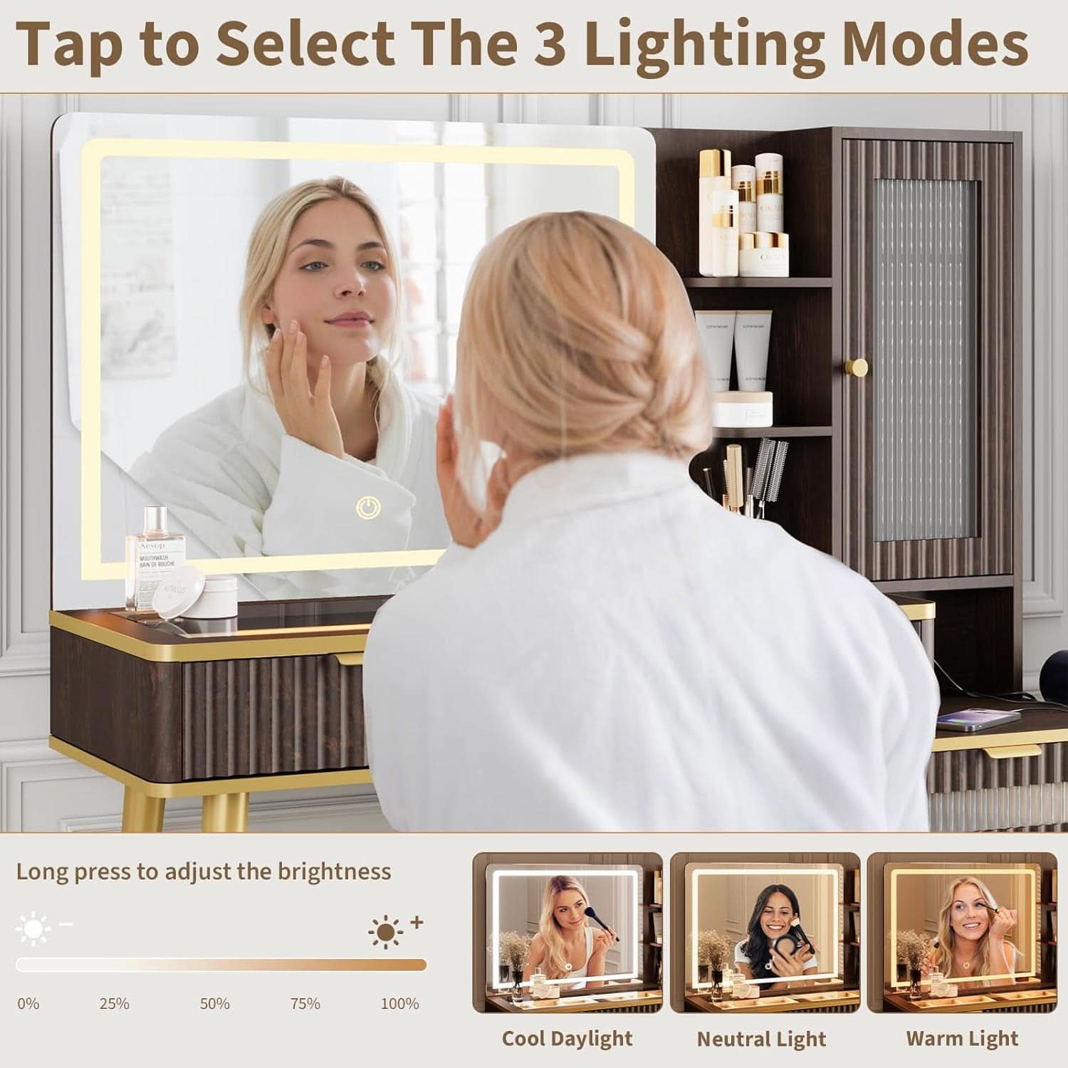 48 Inch Vanity Desk With Mirror Led Lights And Charging Station