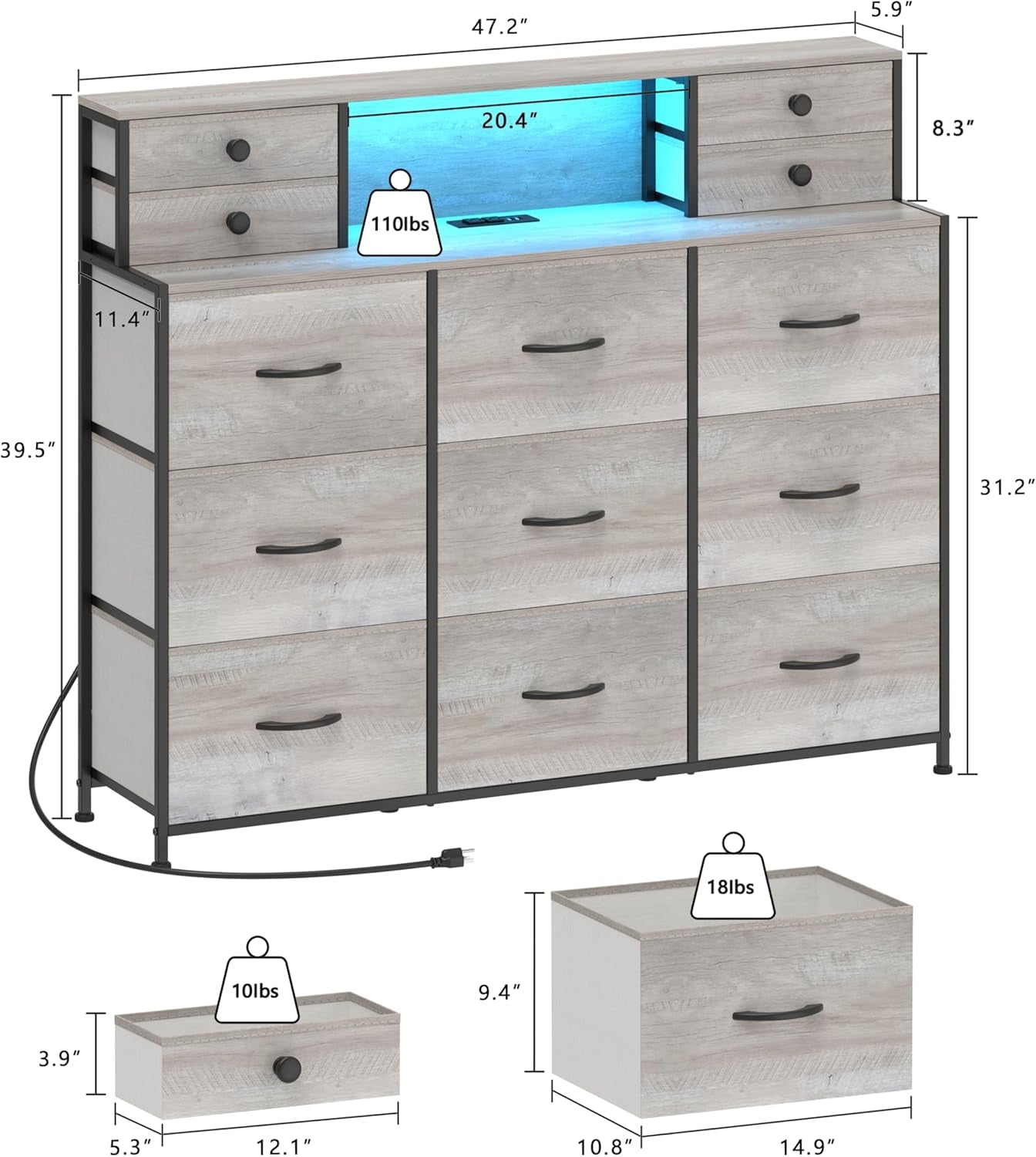 Charcoal Long Dresser With Integrated Power Outlets