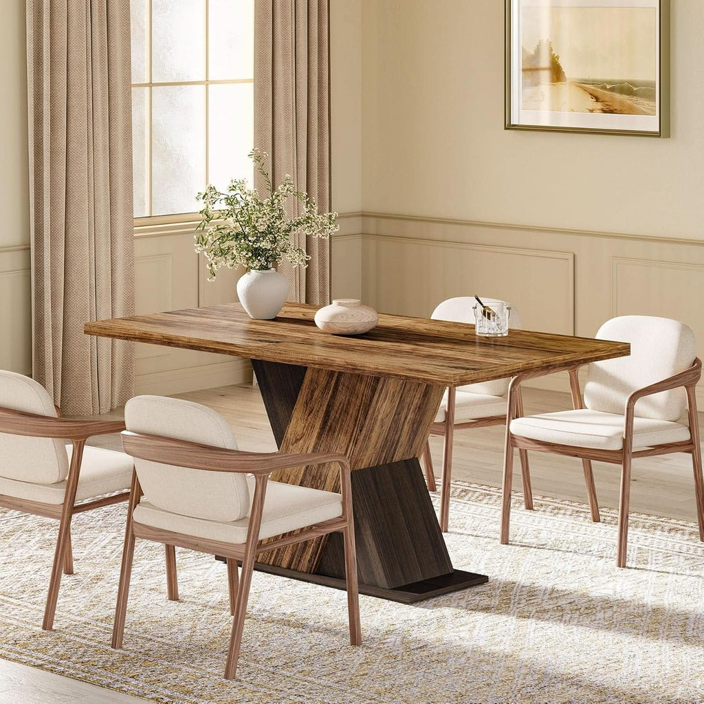 55 Inch Walnut Solid Industrial Dining Table Seats Six