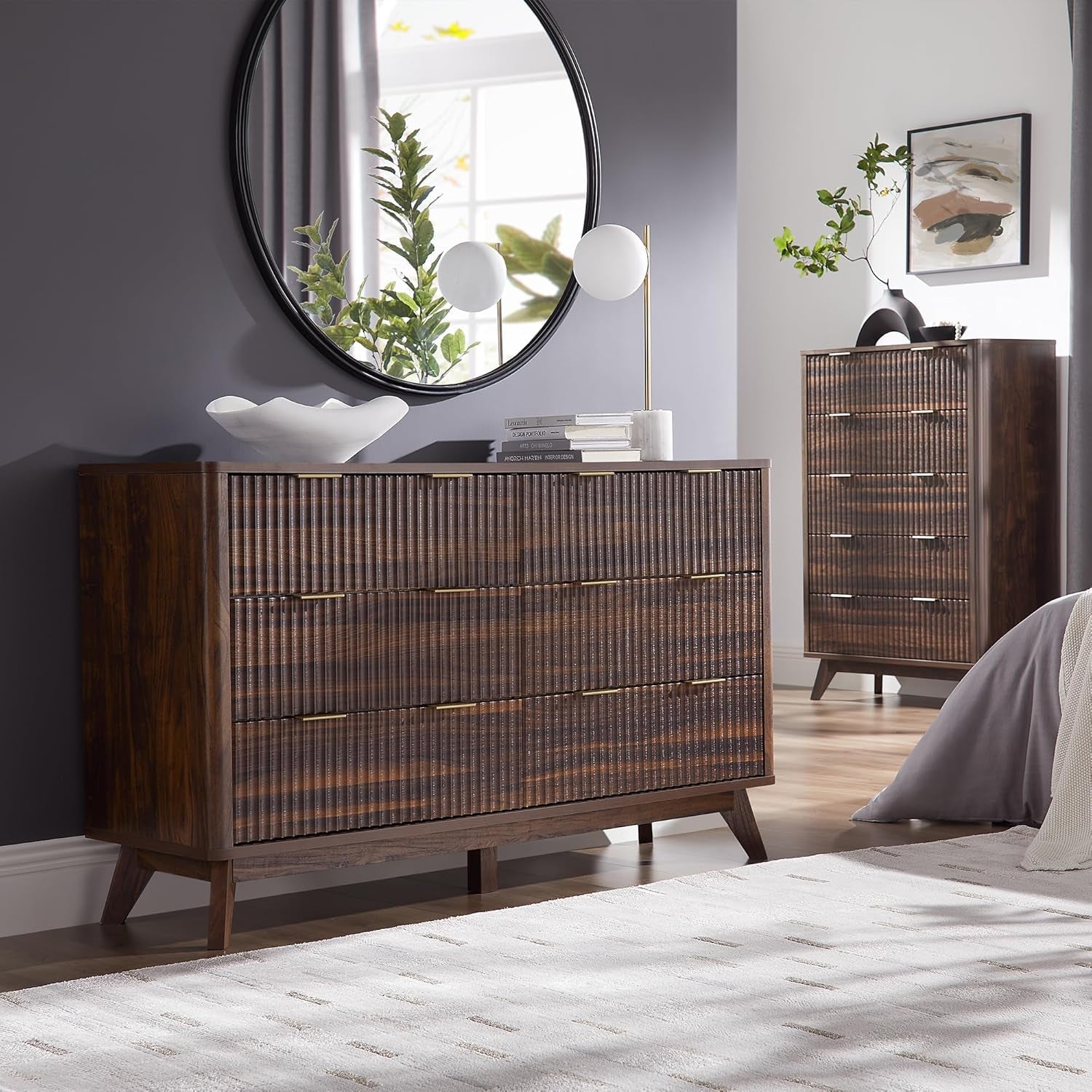 Dark Walnut Contemporary Fluted Six Drawer Dresser