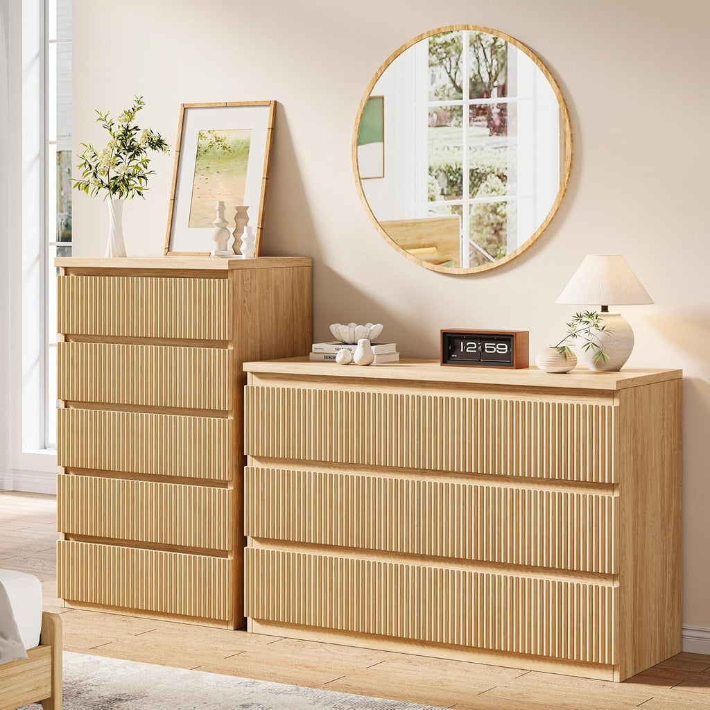 Elegant Oak Fluted Five Drawer Dresser Tall Unit Pro Series