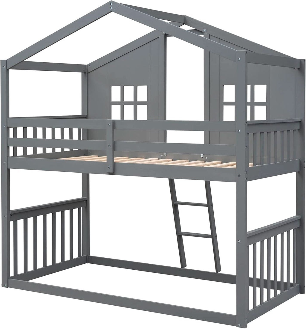 Gray Twin Over Twin House Bunk Bed With Roof For Kids