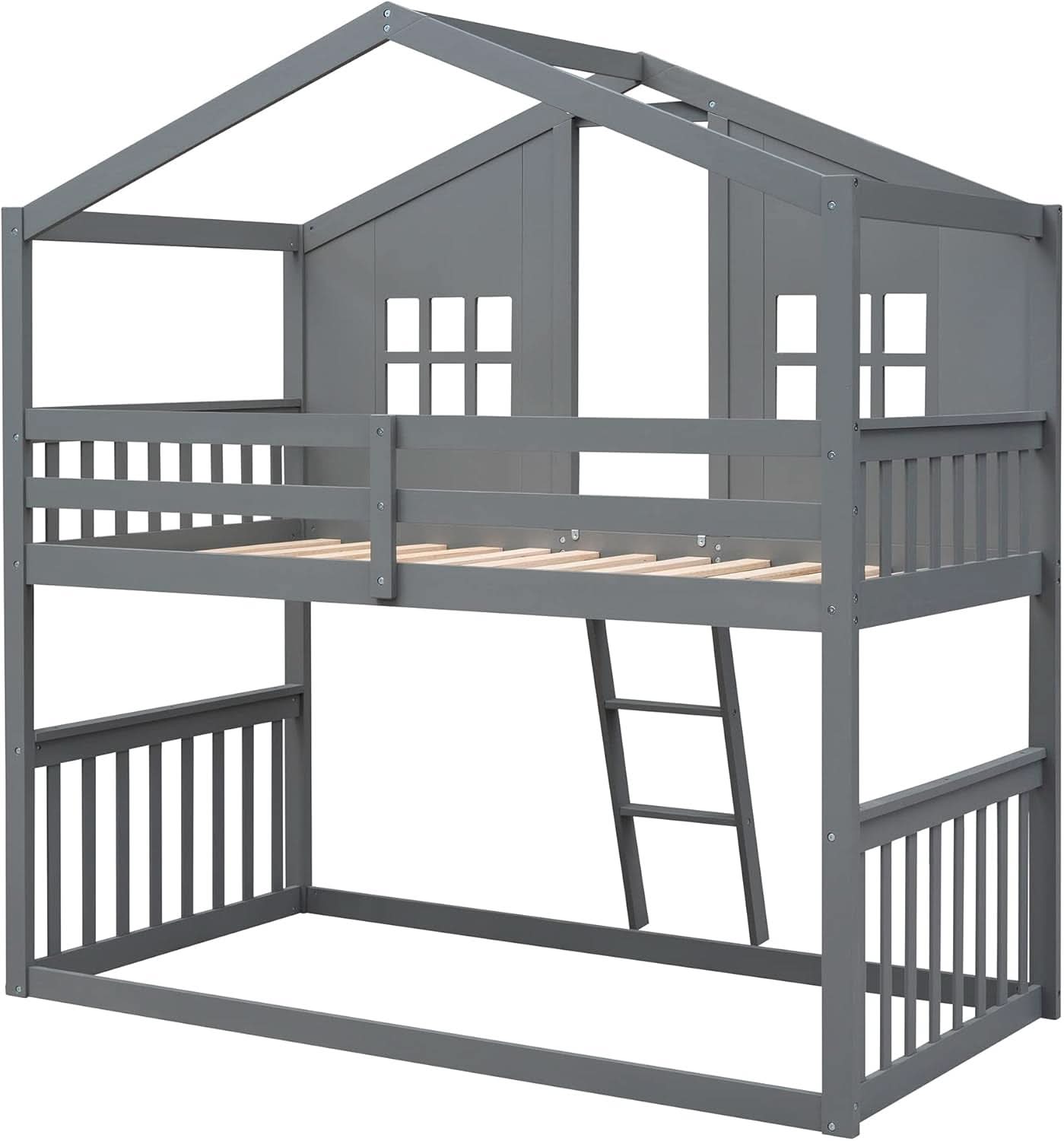 Gray Twin Over Twin House Bunk Bed With Roof For Kids