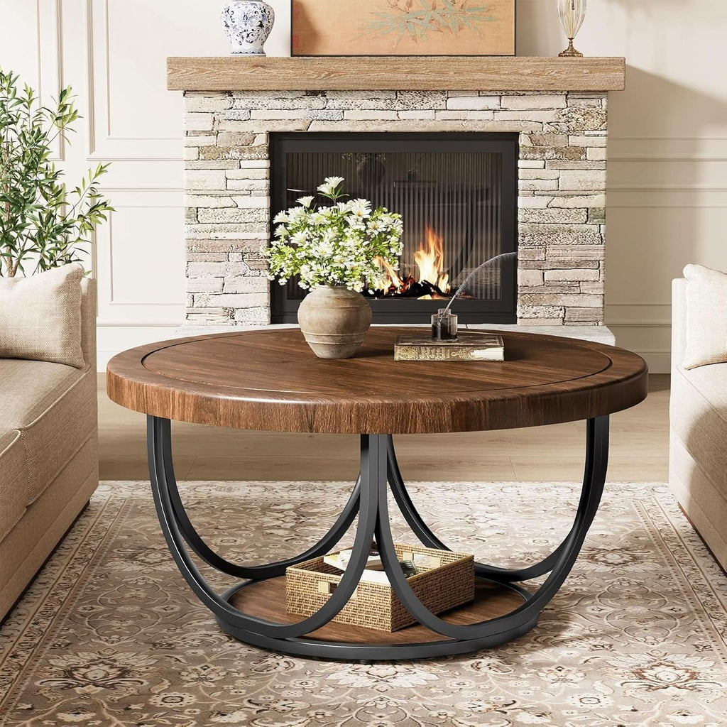 Round Coffee Table 33 Inch Brown Black Industrial Frame