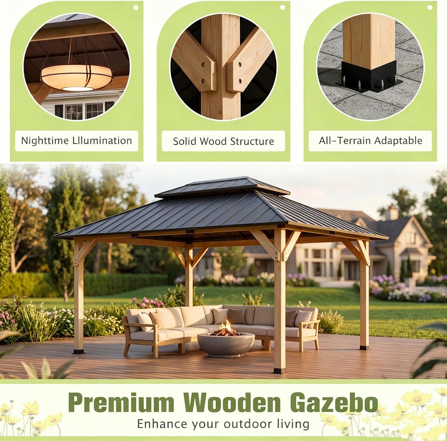 10x12 Wooden Gazebo With Galvanized Rainproof Roof