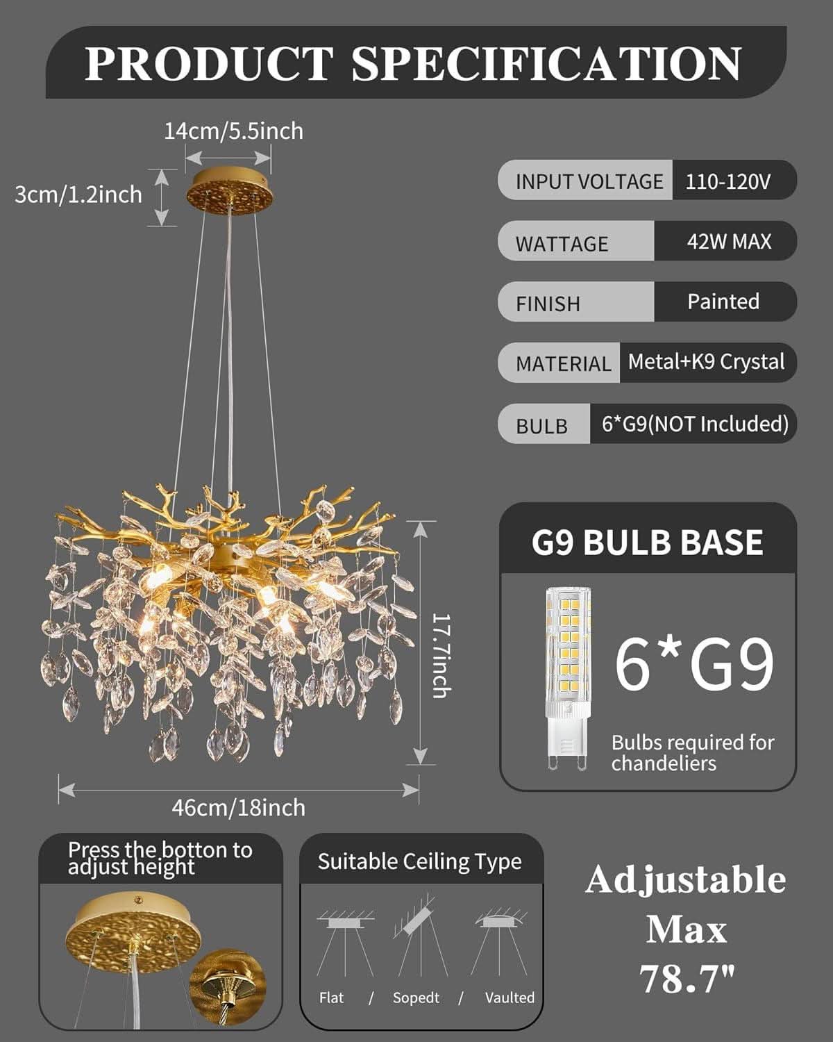 Gold Crystal Chandelier Elegant 18 Inch Ceiling Light