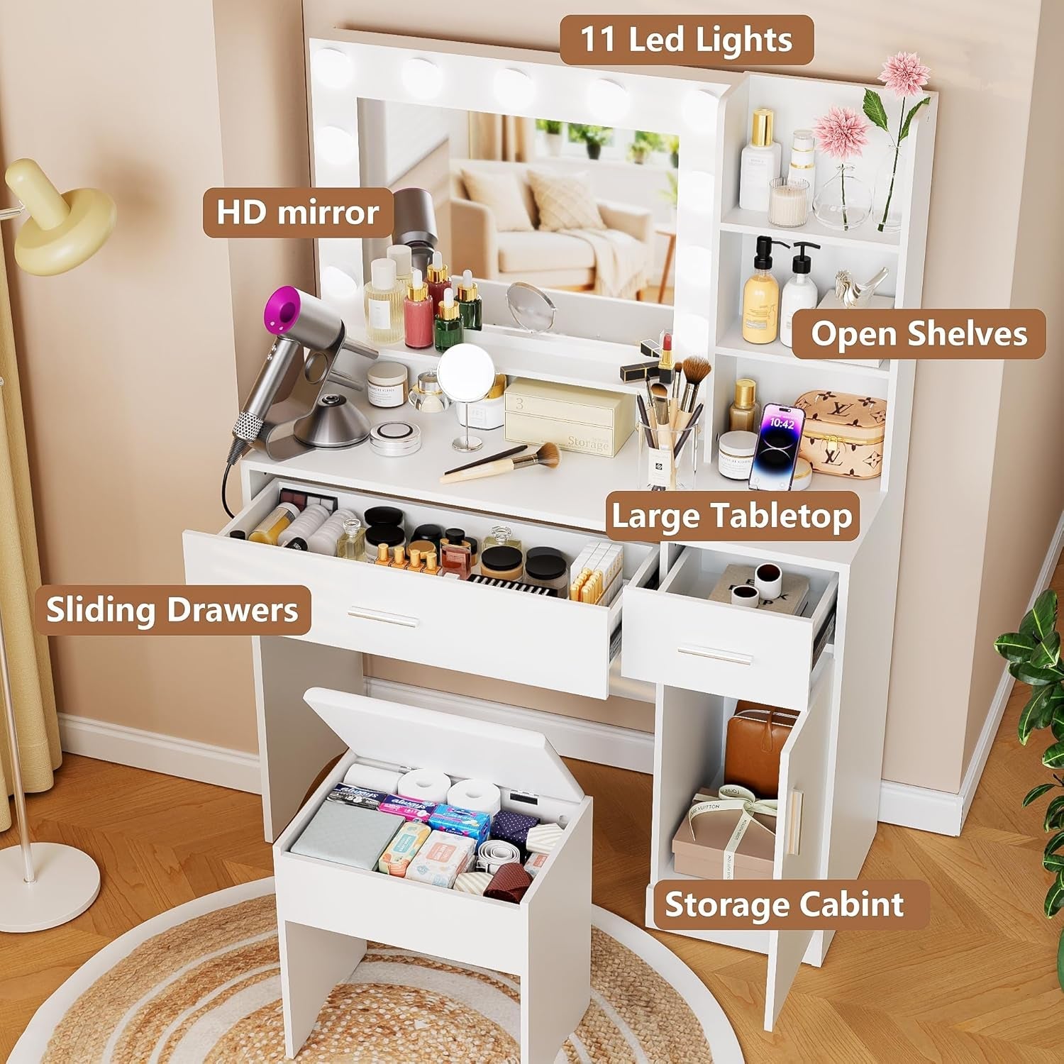 White Vanity Desk With Illuminated Cosmetics Storage