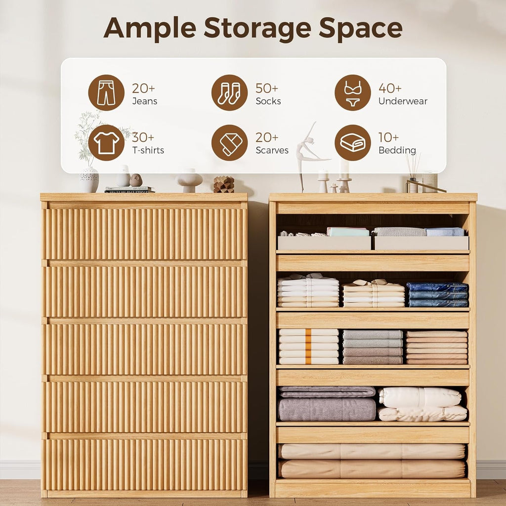 Elegant Oak Fluted Five Drawer Dresser Tall Unit Pro Series