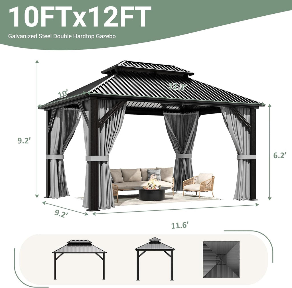 10x12 Gazebo Hardtop Aluminum Frame Galvanized Roof