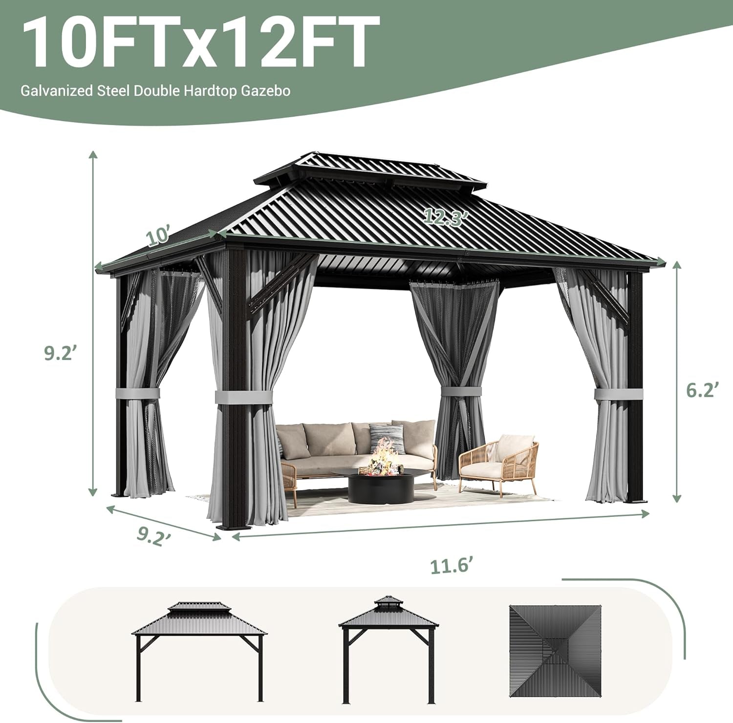 10x12 Gazebo Hardtop Aluminum Frame Galvanized Roof