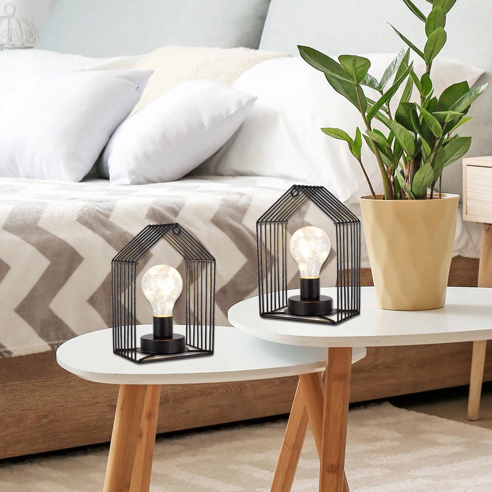 Set of 2 7''H Vintage Cage Hanging Cordless Lamps with 6-Hours Timer (Black)