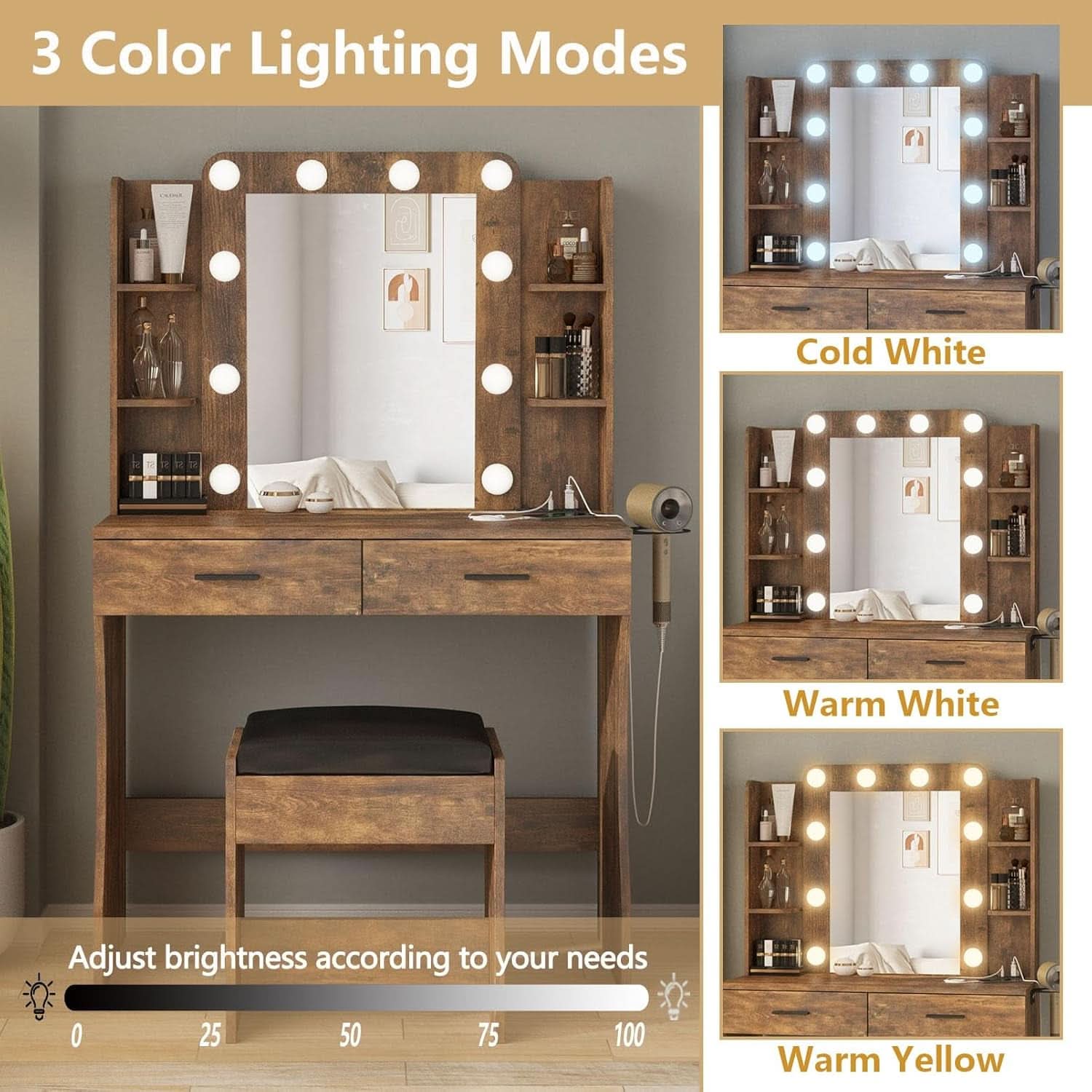 Contemporary Rustic Brown Vanity Desk With Lighting