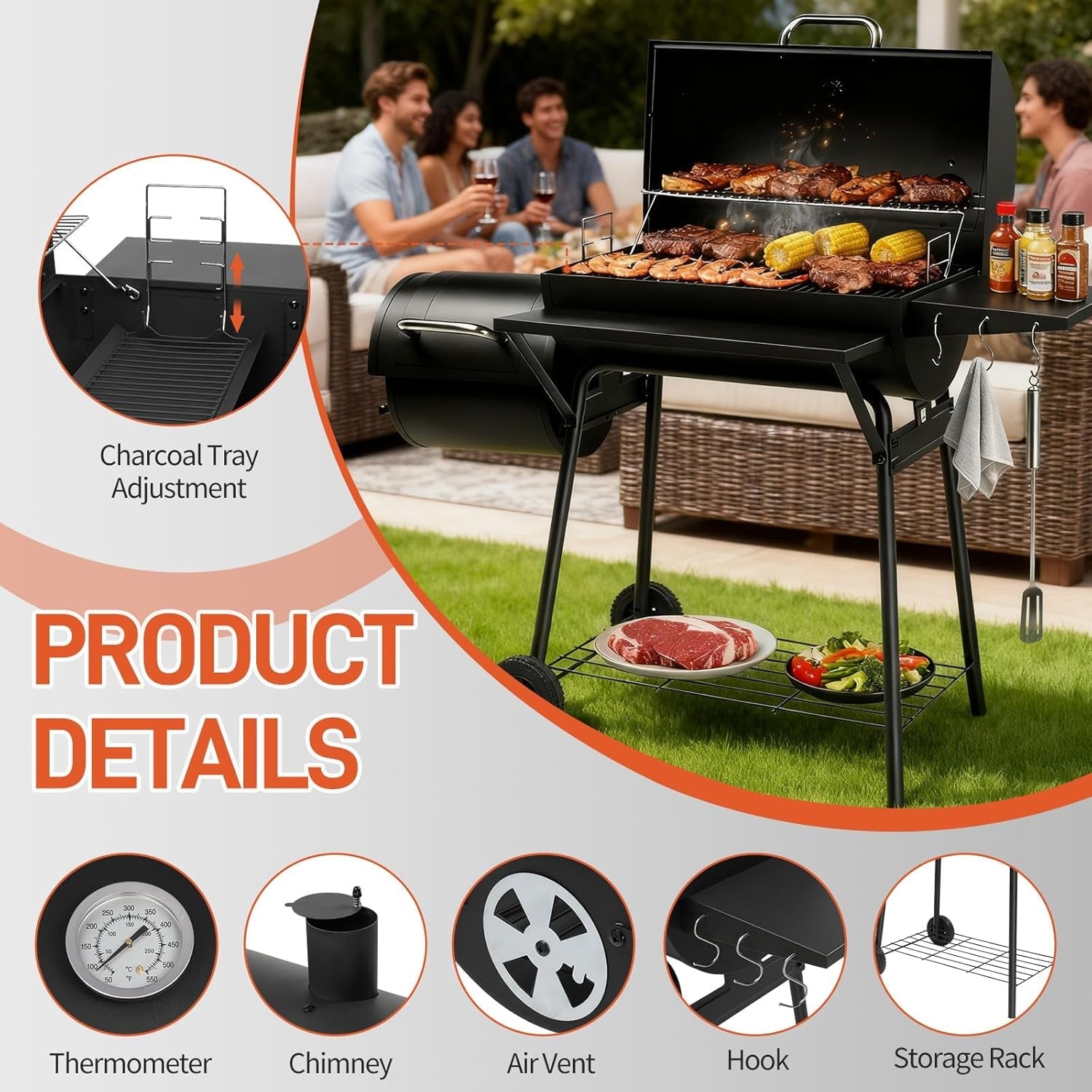 Barrel Charcoal Grill With Offset Smoker Large Capacity