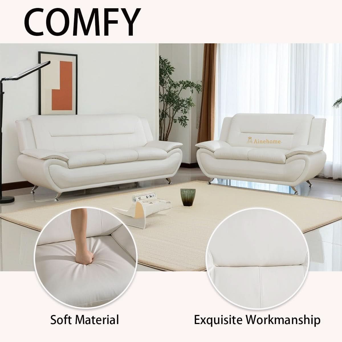 Creamy White 5 Seat Faux Leather Sectional Sofa Set