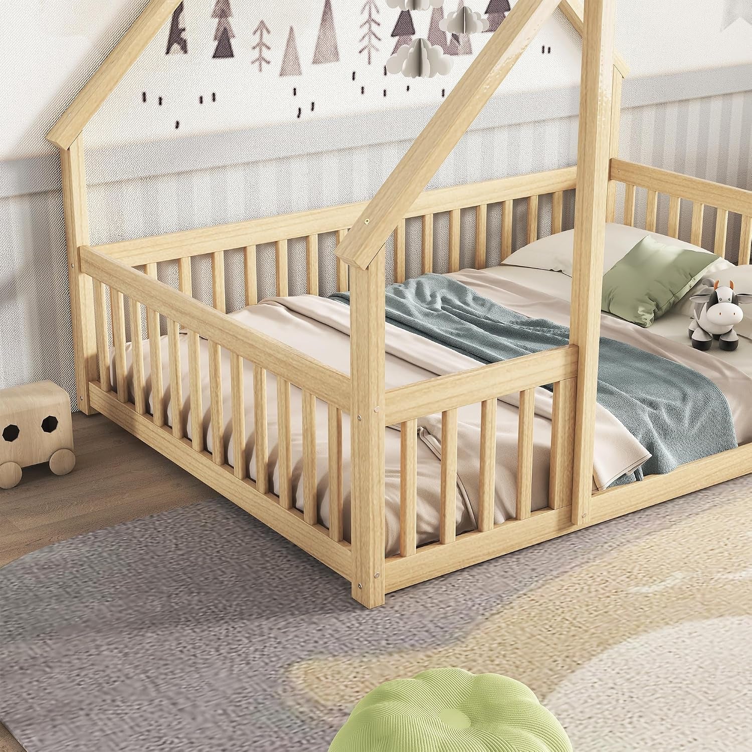 Full Size House-Shaped Natural Wooden Kids Floor Bed