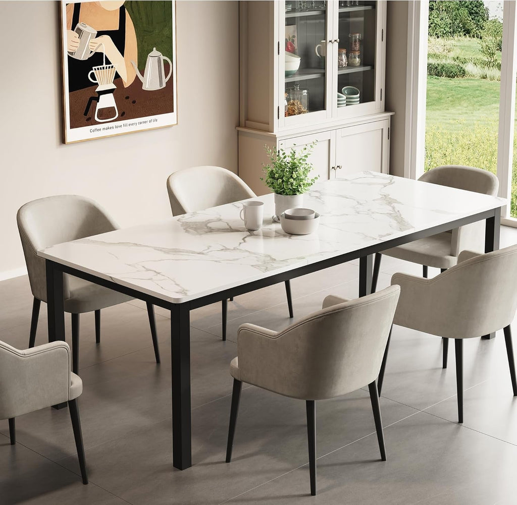 78 Inches Marble Industrial Rectangular Dining Table