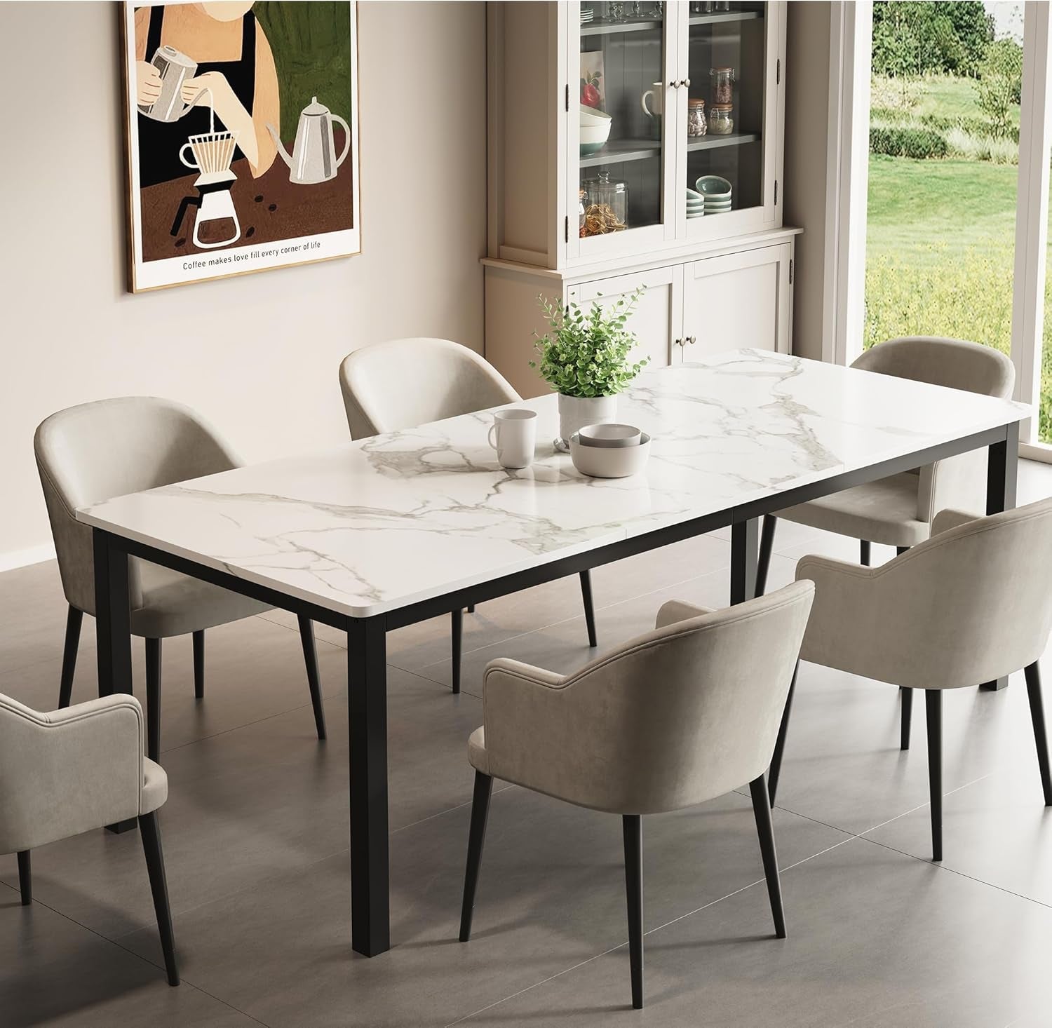 78 Inches Marble Industrial Rectangular Dining Table