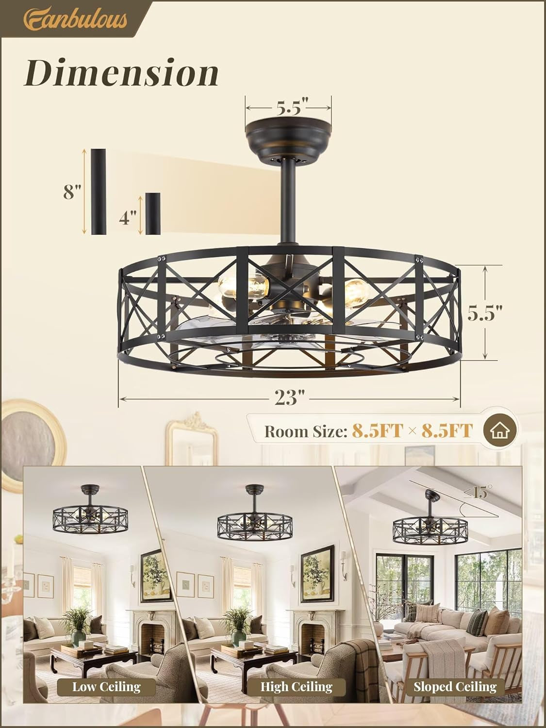 23 Inch Matte Black Fandelier Bladeless Ceiling Fan