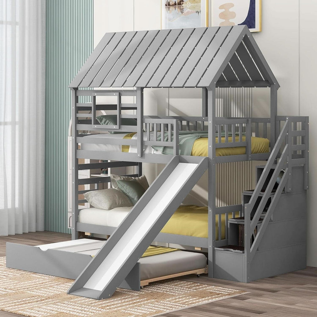Twin Over Twin Bunk Bed With Slide For Kids Room Decor