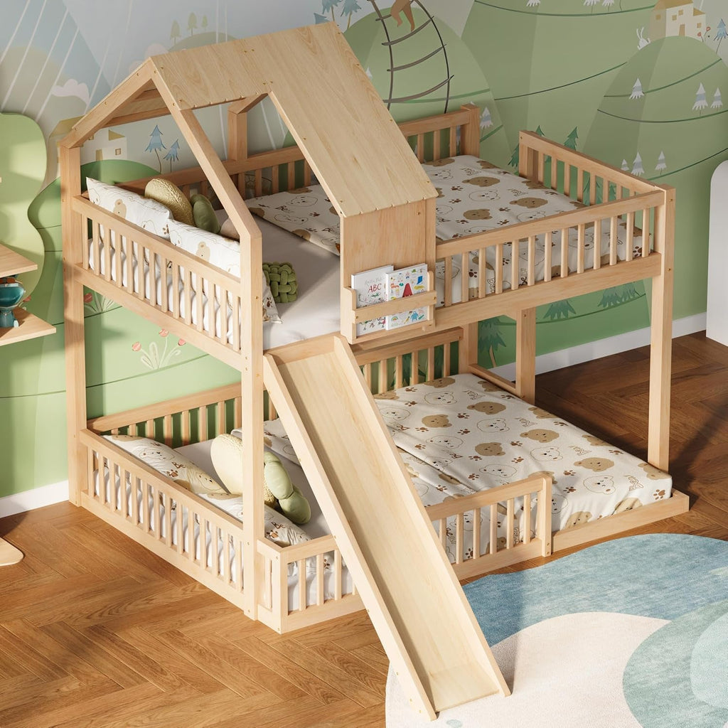 Natural Solid Wood Extra Large Over Queen Bunk Bed Slide