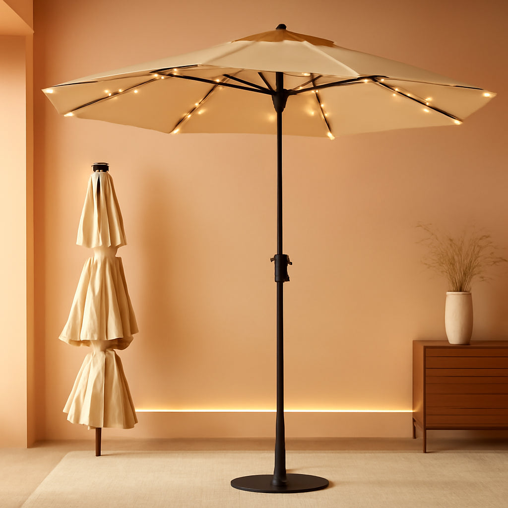 9ft Solar Patio Umbrella Weatherproof LED Lighting