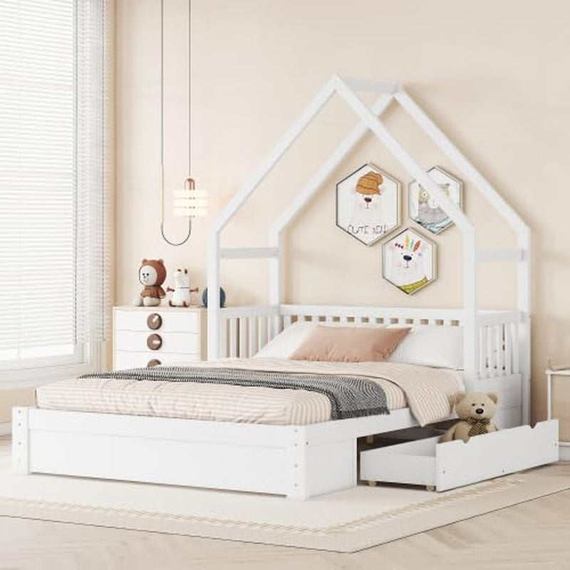 Queen Size House Bed Frame With Under Bed Storage Drawers