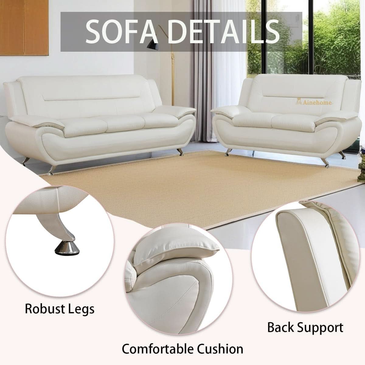 Creamy White 5 Seat Faux Leather Sectional Sofa Set