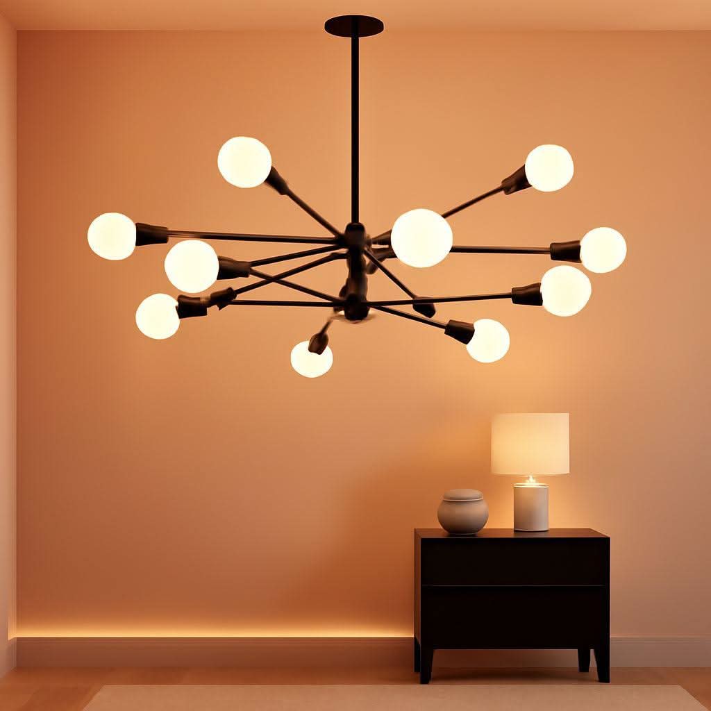 Twelve Light Matte Black Sputnik Chandelier Fixture