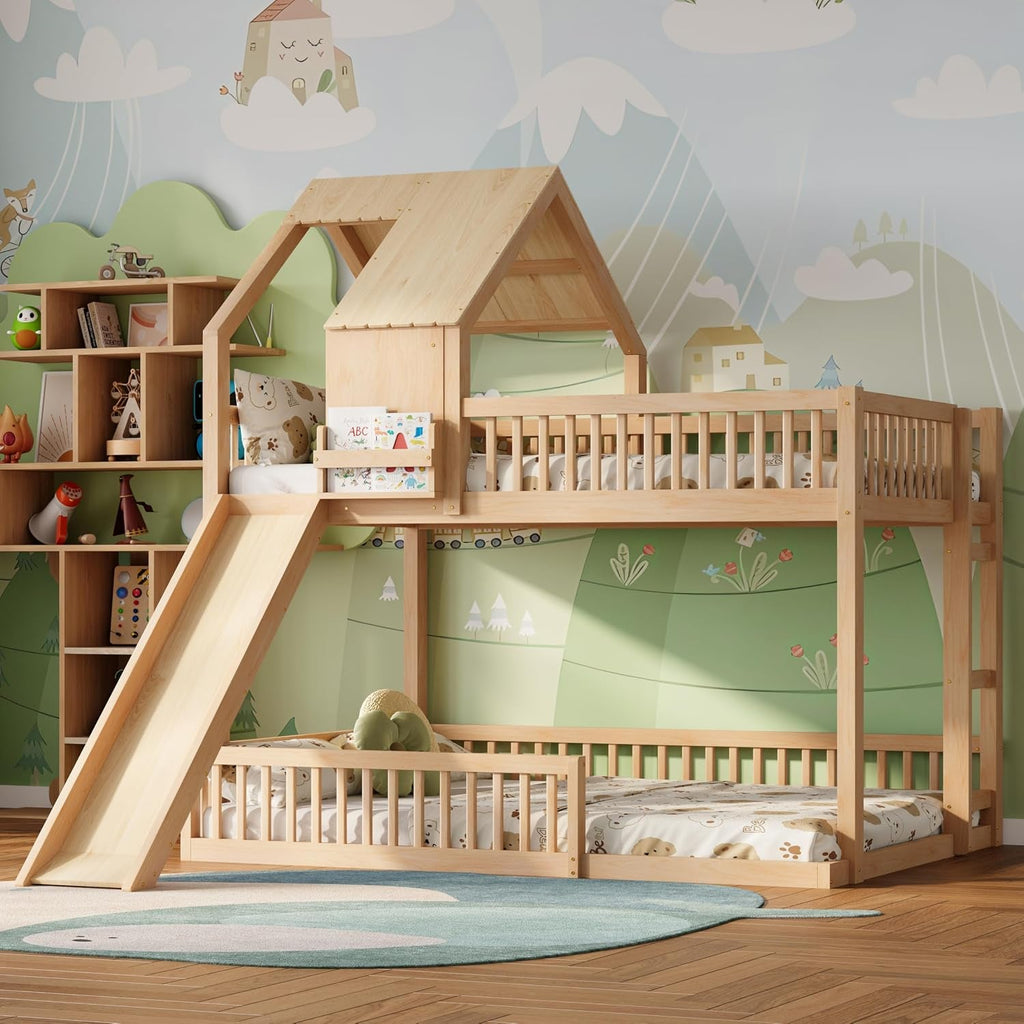 Natural Solid Wood Extra Large Over Queen Bunk Bed Slide