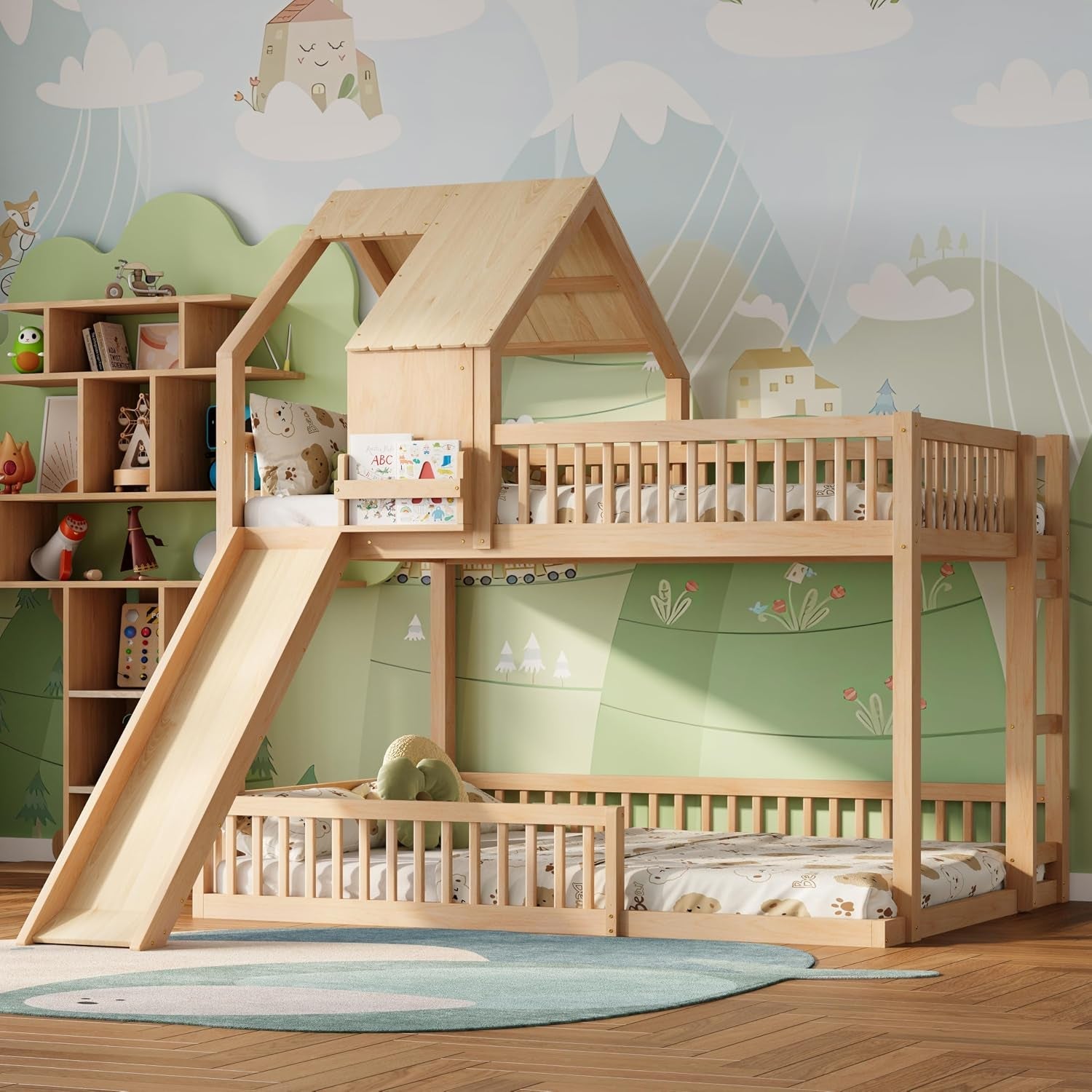 Natural Solid Wood Extra Large Over Queen Bunk Bed Slide