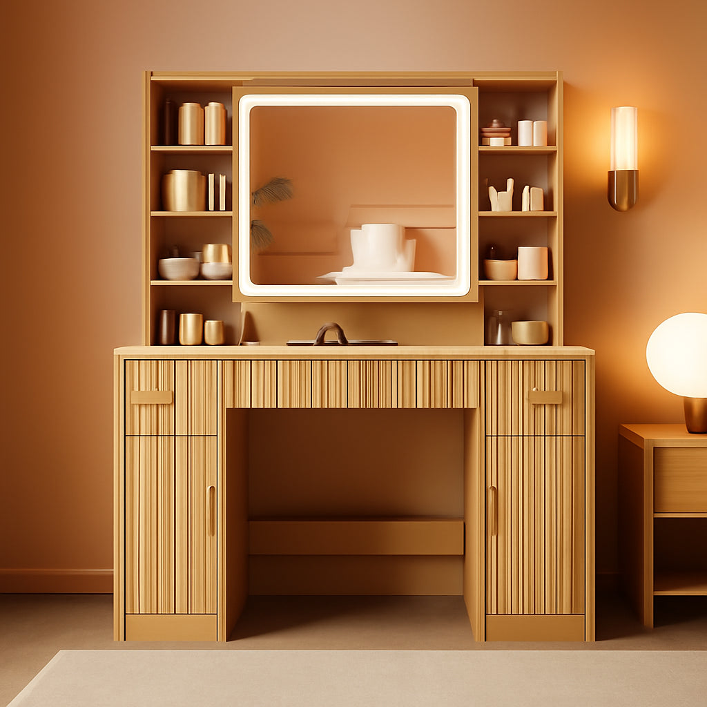 Makeup Vanity Desk Natural Oak Mirror Illumination